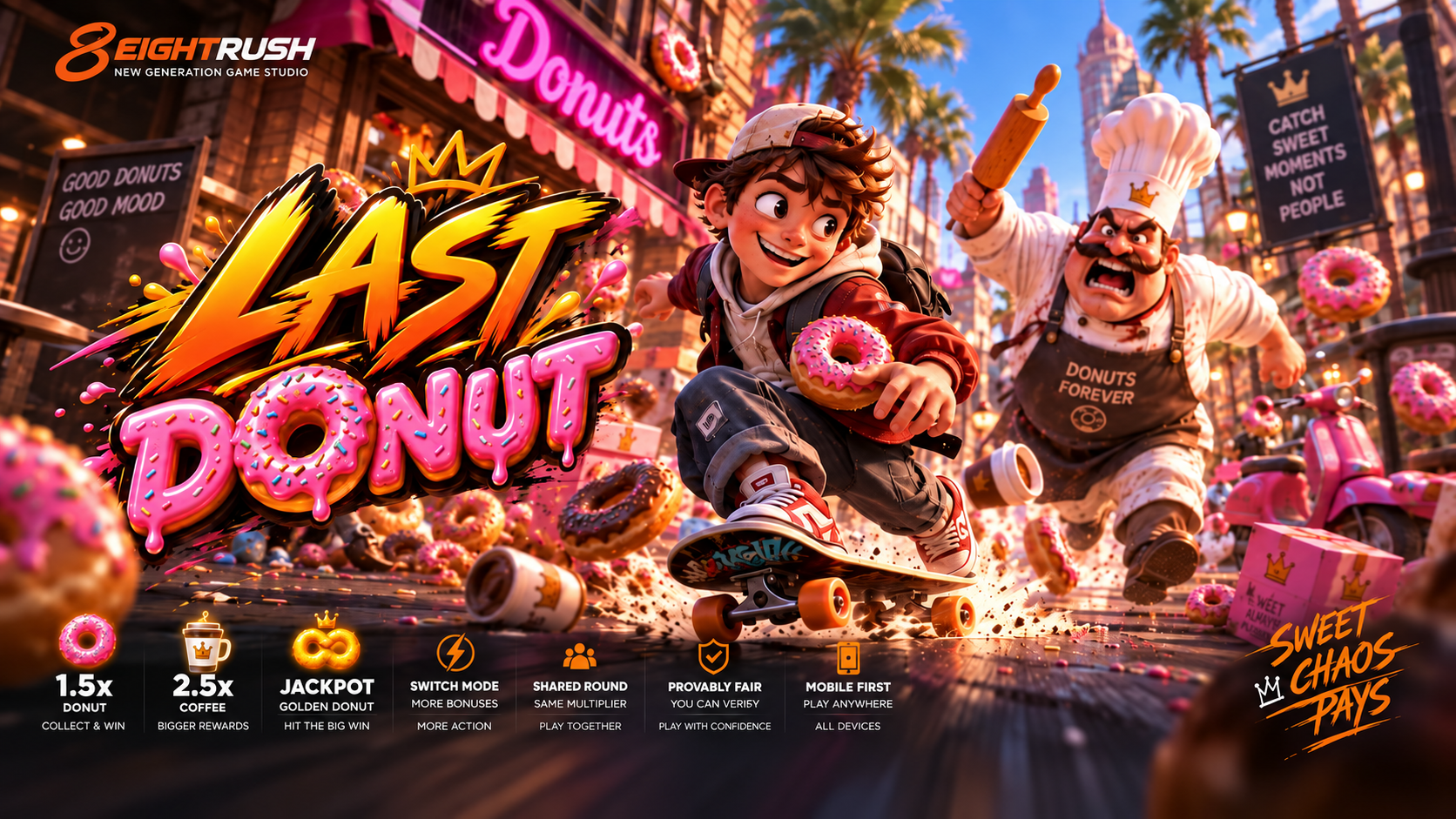 Donut Rush key art — a boy on a skateboard grabs a pink donut while an angry baker chases him with a rolling pin, donuts flying across the street.
